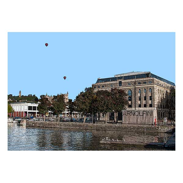 hot air balloons over water and a building